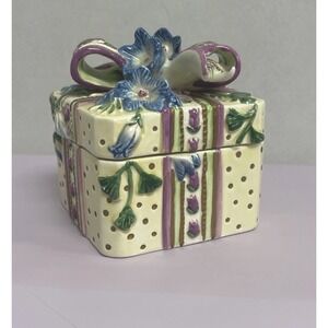 Vintage Fitz & Floyd‎ Essentials Trinket Box Jewelry Blue Flowers Ribbon Ceramic